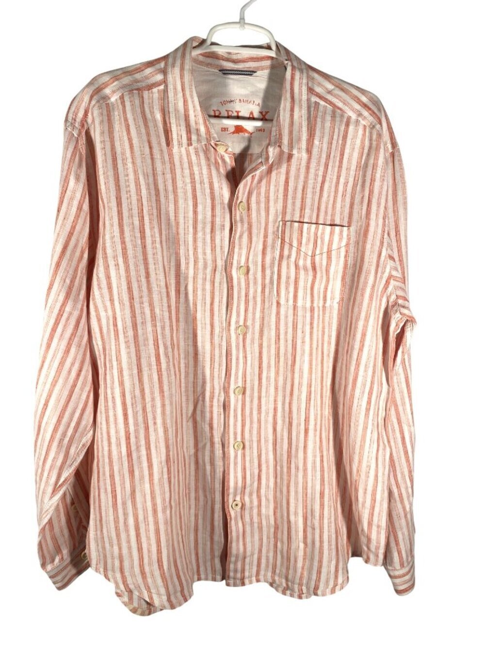 Tommy Bahama Relax linen Mens Striped Button-Up Shirt Coral & White XL beach